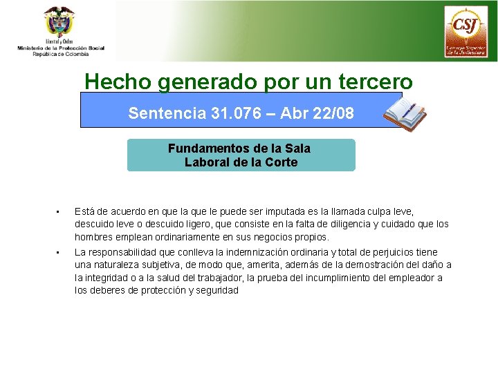 Hecho generado por un tercero Sentencia 31. 076 – Abr 22/08 Fundamentos de la