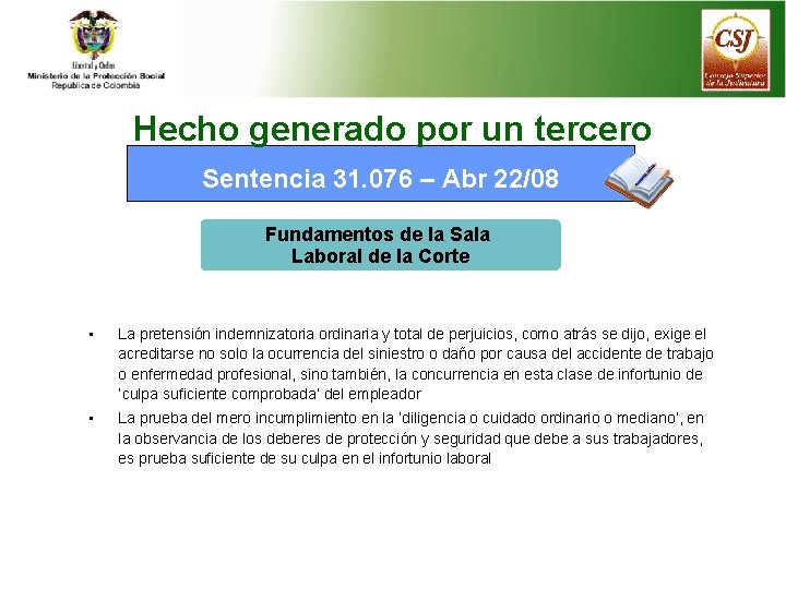 Hecho generado por un tercero Sentencia 31. 076 – Abr 22/08 Fundamentos de la