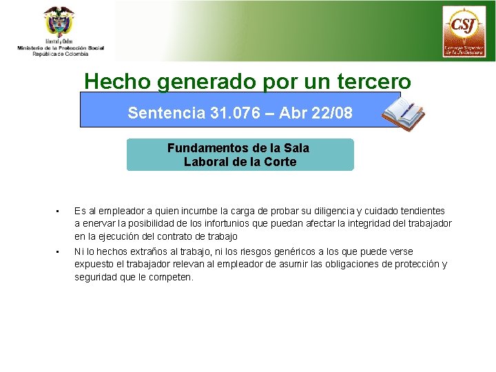 Hecho generado por un tercero Sentencia 31. 076 – Abr 22/08 Fundamentos de la