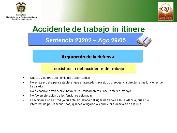 Accidente de trabajo in itinere Sentencia 23202 – Ago 29/05 Argumento de la defensa