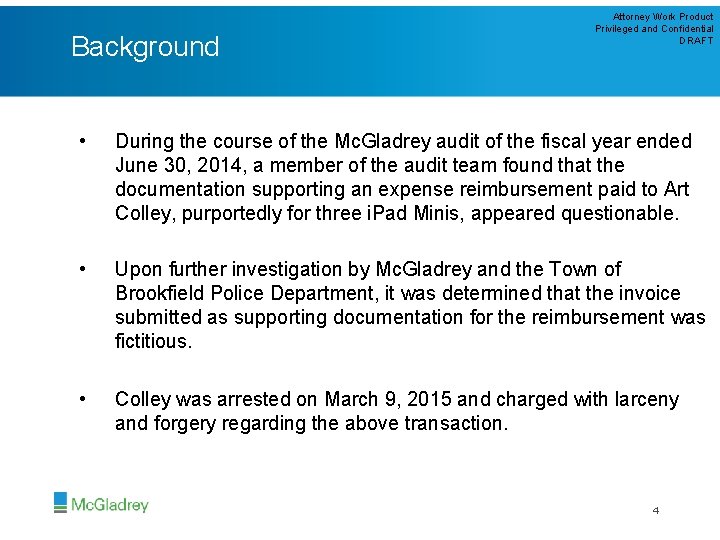 Background Attorney Work Product Privileged and Confidential DRAFT • During the course of the