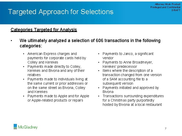 Targeted Approach for Selections Attorney Work Product Privileged and Confidential DRAFT Categories Targeted for