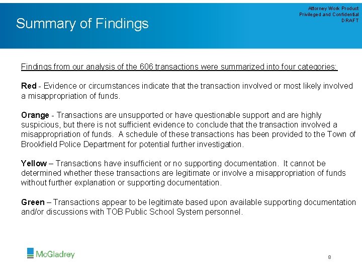 Summary of Findings Attorney Work Product Privileged and Confidential DRAFT Findings from our analysis