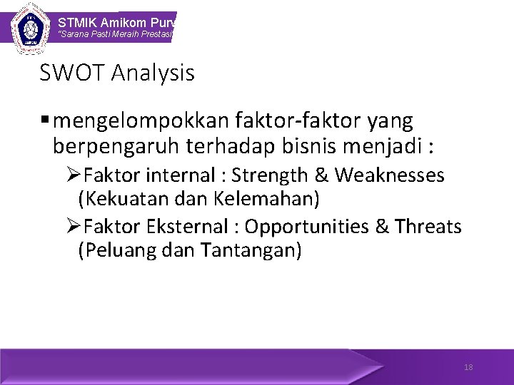 STMIK Amikom Purwokerto “Sarana Pasti Meraih Prestasi” SWOT Analysis § mengelompokkan faktor-faktor yang berpengaruh