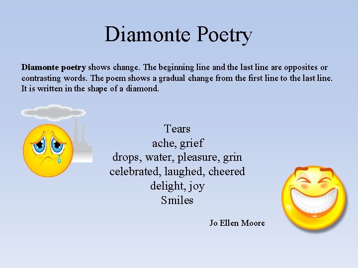 Diamonte Poetry Diamonte poetry shows change. The beginning line and the last line are
