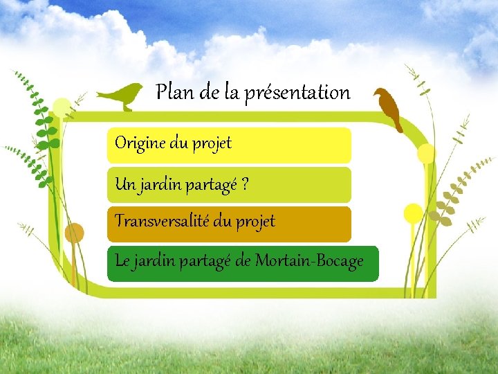 Plan de la présentation Origine. Jardin du projet Partagé sur le Projet territoire du?