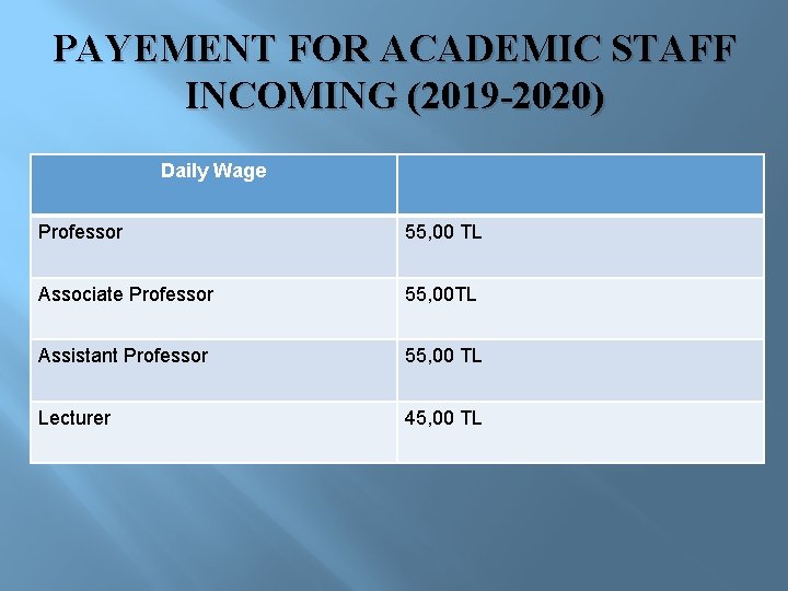 PAYEMENT FOR ACADEMIC STAFF INCOMING (2019 -2020) Daily Wage Professor 55, 00 TL Associate