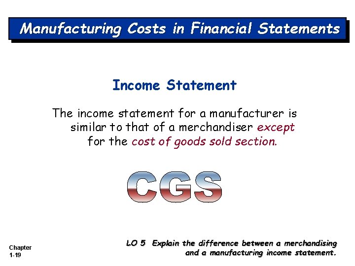 Manufacturing Costs in Financial Statements Income Statement The income statement for a manufacturer is