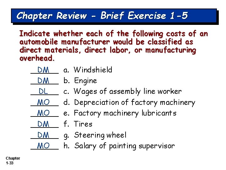 Chapter Review - Brief Exercise 1 -5 Indicate whether each of the following costs