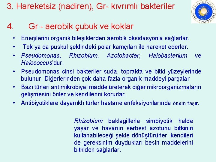 3. Hareketsiz (nadiren), Gr- kıvrımlı bakteriler 4. Gr - aerobik çubuk ve koklar •