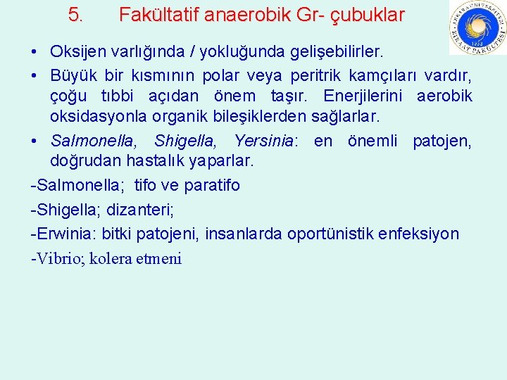 5. Fakültatif anaerobik Gr- çubuklar • Oksijen varlığında / yokluğunda gelişebilirler. • Büyük bir