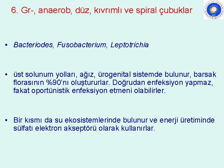 6. Gr-, anaerob, düz, kıvrımlı ve spiral çubuklar • Bacteriodes, Fusobacterium, Leptotrichia • üst