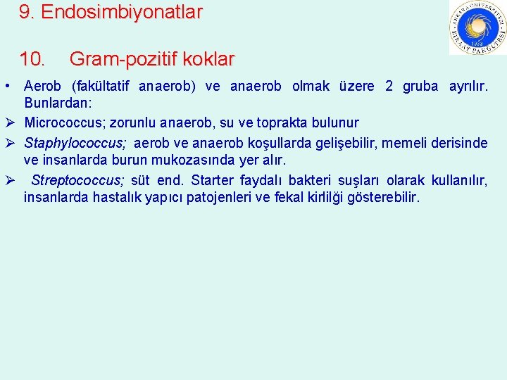 9. Endosimbiyonatlar 10. Gram-pozitif koklar • Aerob (fakültatif anaerob) ve anaerob olmak üzere 2