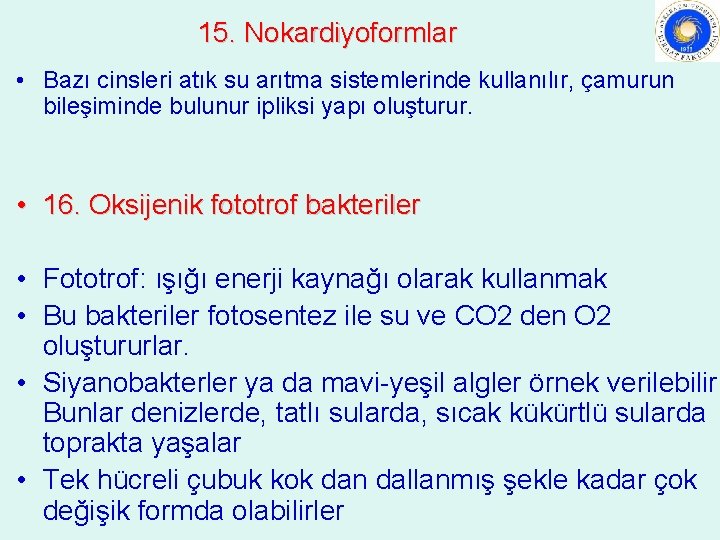 15. Nokardiyoformlar • Bazı cinsleri atık su arıtma sistemlerinde kullanılır, çamurun bileşiminde bulunur ipliksi