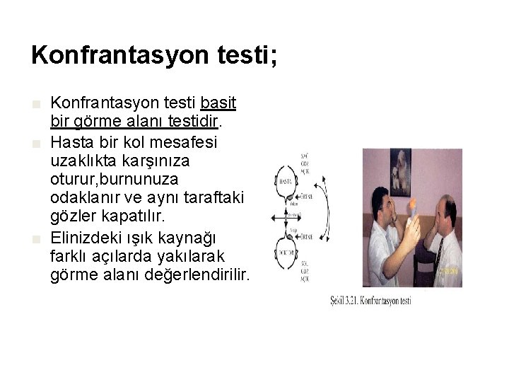 Konfrantasyon testi; ■ Konfrantasyon testi basit bir görme alanı testidir. ■ Hasta bir kol