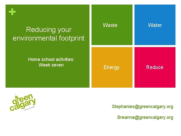 + Reducing your environmental footprint Home school activities: Week seven Waste Water Energy Reduce