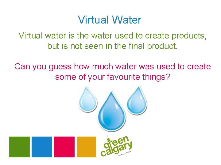 Virtual Water Virtual water is the water used to create products, but is not