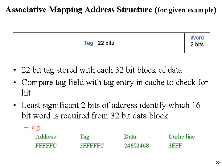 Associative Mapping Address Structure (for given example) Word 2 bits Tag 22 bits •