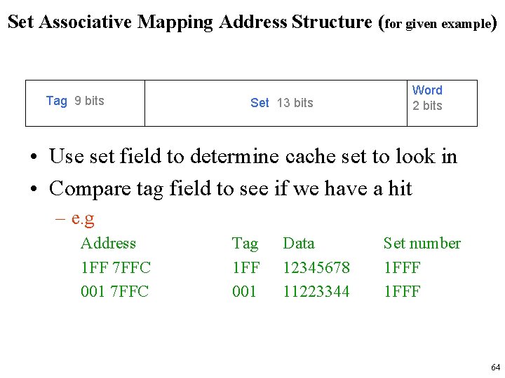 Set Associative Mapping Address Structure (for given example) Tag 9 bits Set 13 bits