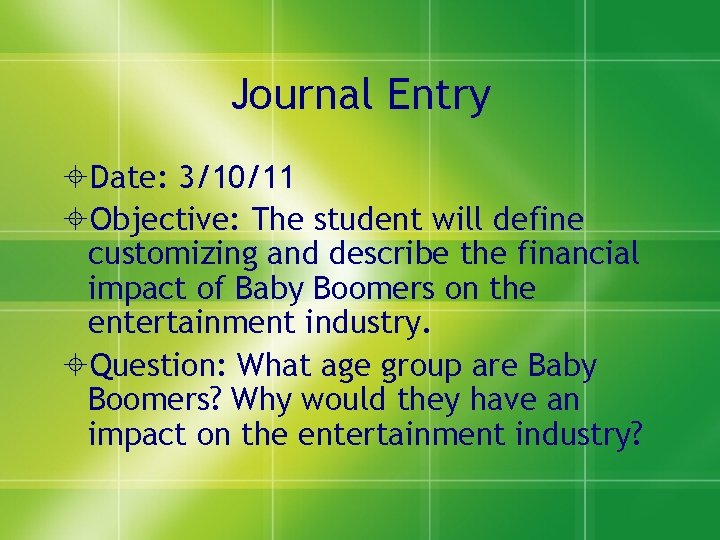 Journal Entry Date: 3/10/11 Objective: The student will define customizing and describe the financial