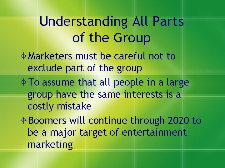 Understanding All Parts of the Group Marketers must be careful not to exclude part