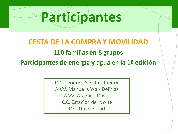 Participantes CESTA DE LA COMPRA Y MOVILIDAD 110 familias en 5 grupos Participantes de
