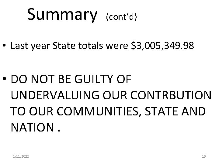 Summary (cont’d) • Last year State totals were $3, 005, 349. 98 • DO