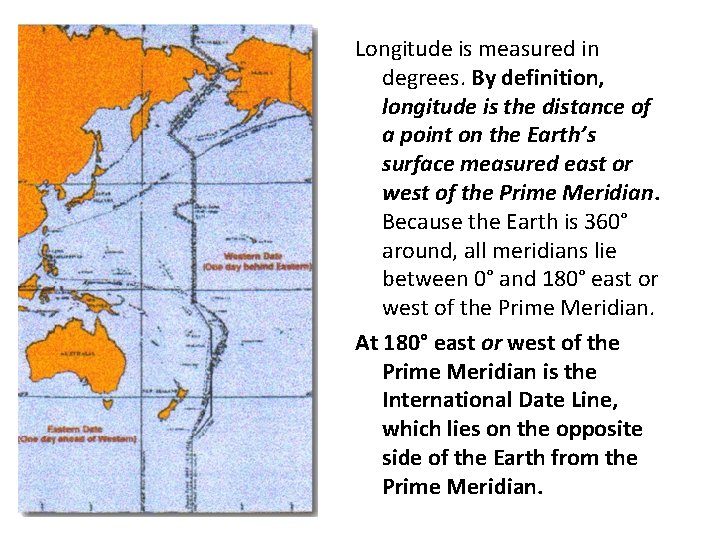 Longitude is measured in degrees. By definition, longitude is the distance of a point