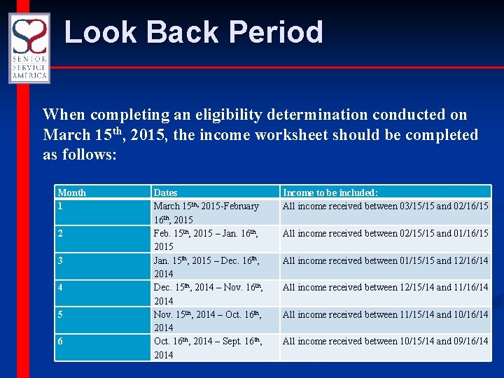 Look Back Period When completing an eligibility determination conducted on March 15 th, 2015,