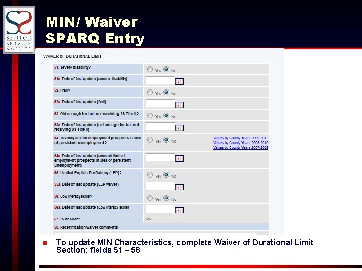 MIN/ Waiver SPARQ Entry n To update MIN Characteristics, complete Waiver of Durational Limit