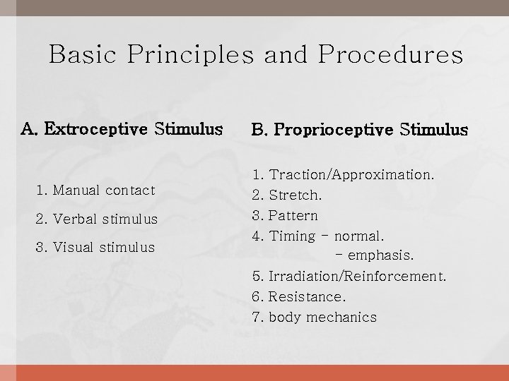 Basic Principles and Procedures A. Extroceptive Stimulus 1. Manual contact 2. Verbal stimulus 3.