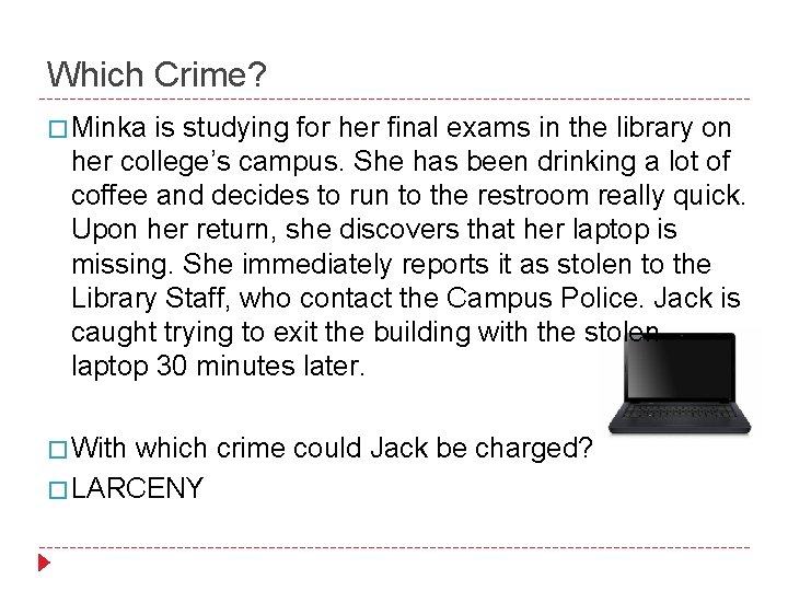 Which Crime? � Minka is studying for her final exams in the library on