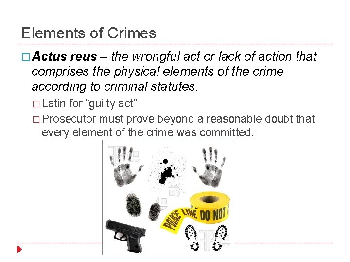 Elements of Crimes � Actus reus – the wrongful act or lack of action