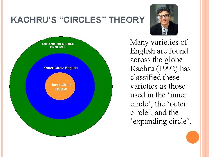 KACHRU’S “CIRCLES” THEORY Many varieties of English are found across the globe. Kachru (1992)