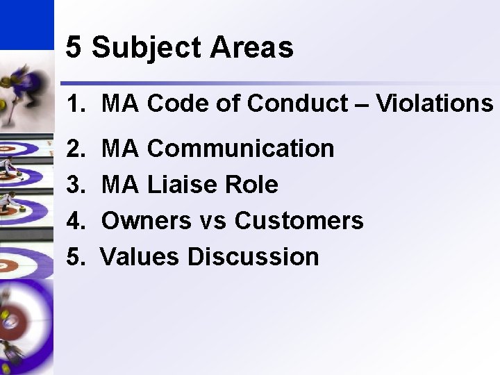 5 Subject Areas 1. MA Code of Conduct – Violations 2. 3. 4. 5.