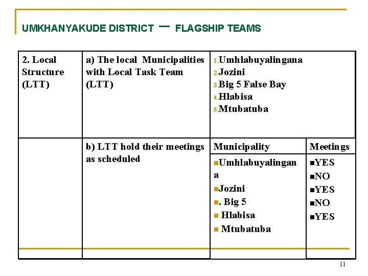 UMKHANYAKUDE DISTRICT 2. Local Structure (LTT) – FLAGSHIP TEAMS a) The local Municipalities with