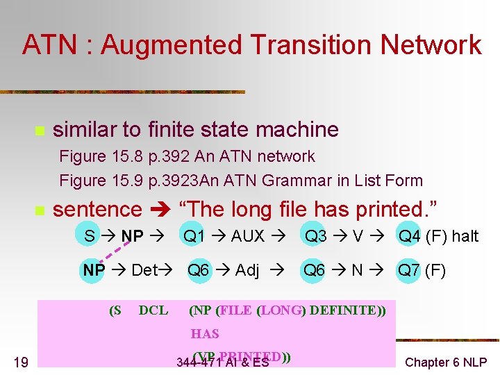 ATN : Augmented Transition Network n similar to finite state machine Figure 15. 8