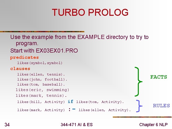 TURBO PROLOG Use the example from the EXAMPLE directory to try to program. Start