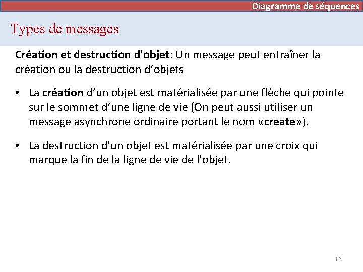 Diagramme de séquences Types de messages Création et destruction d'objet: Un message peut entraîner