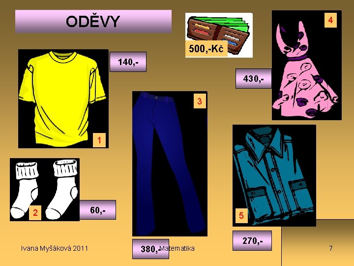 ODĚVY 4 500, -Kč 360, 140, 70, 430, 3 1 2 440, 60, -