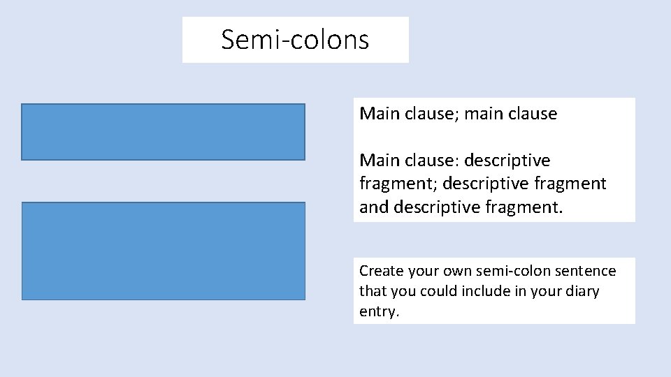 Semi-colons The swooping eagle soared down to steal the crops; I frantically chased the Semi-colons The swooping eagle soared down to steal the crops; I frantically chased the