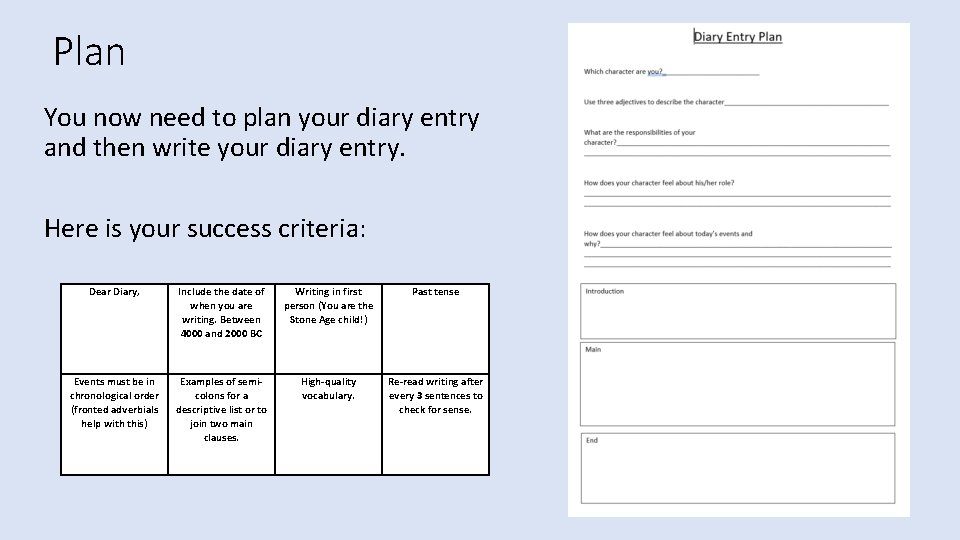 Plan You now need to plan your diary entry and then write your diary Plan You now need to plan your diary entry and then write your diary