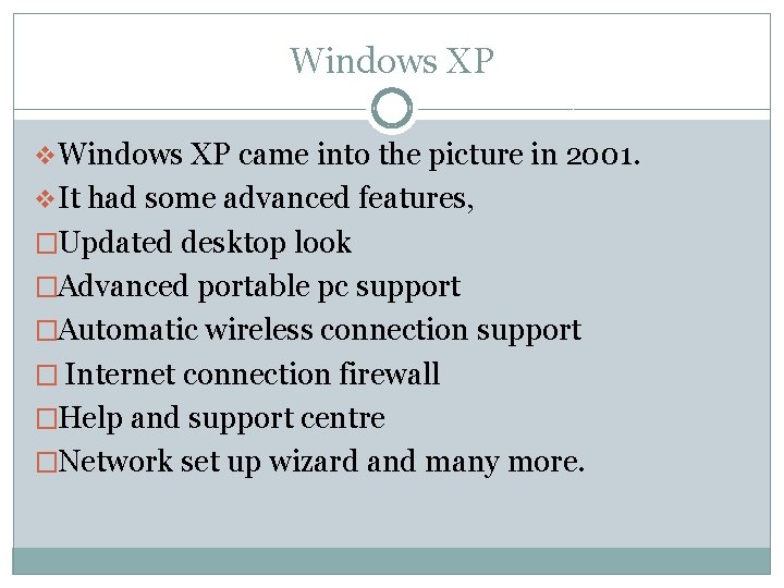 Windows XP v. Windows XP came into the picture in 2001. v. It had