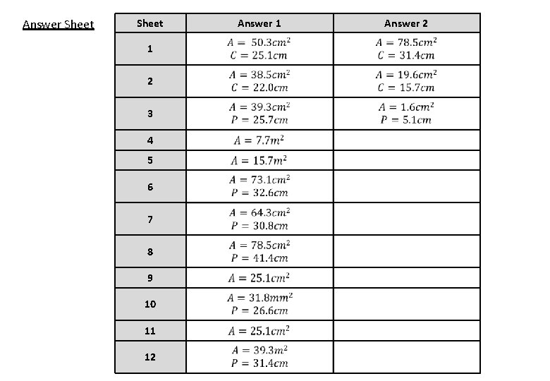 Answer Sheet 1 2 3 4 5 6 7 8 9 10 11 12 Answer Sheet 1 2 3 4 5 6 7 8 9 10 11 12