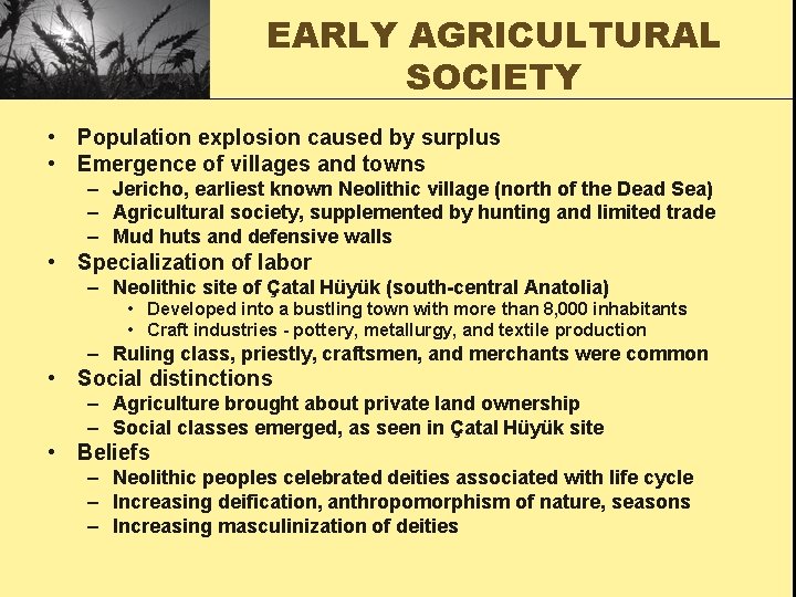 EARLY AGRICULTURAL SOCIETY • Population explosion caused by surplus • Emergence of villages and