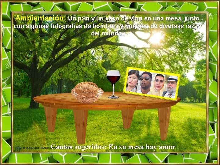 Ambientación: Un pan y un vaso de vino en una mesa, junto con algunas