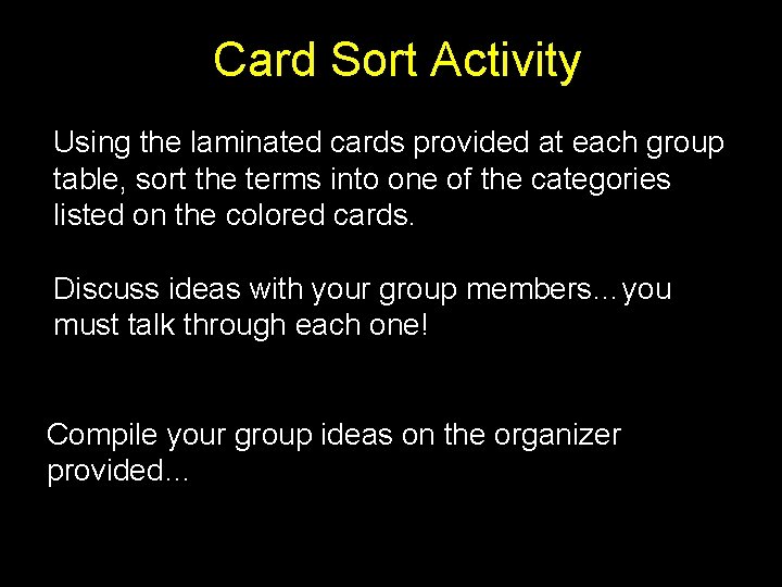 Card Sort Activity Using the laminated cards provided at each group table, sort the