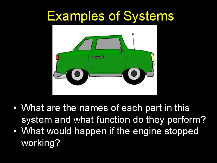 Examples of Systems • What are the names of each part in this system