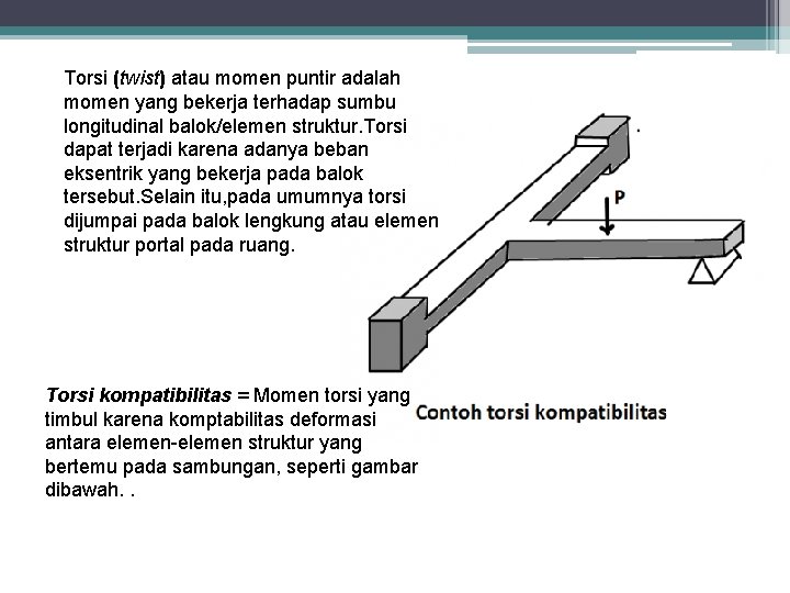 Torsi (twist) atau momen puntir adalah momen yang bekerja terhadap sumbu longitudinal balok/elemen struktur.