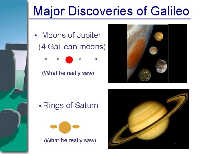 Major Discoveries of Galileo • Moons of Jupiter (4 Galilean moons) (What he really